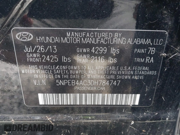 2013 Hyundai Sonata GLS with VIN 5NPEB4AC3DH784747, listed as a IAAI auction lot 41636642 with 135,338 mi miles and . Bid and sale history available at DreamBid. Image 9.