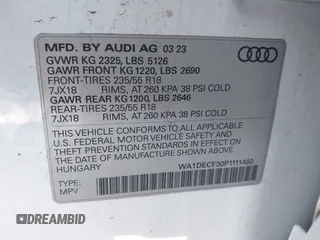 2023 Audi Q3 S line Premium with VIN WA1DECF30P1111460, listed as a IAAI auction lot 41676015 with 45,609 mi miles and . Bid and sale history available at DreamBid. Image 9.