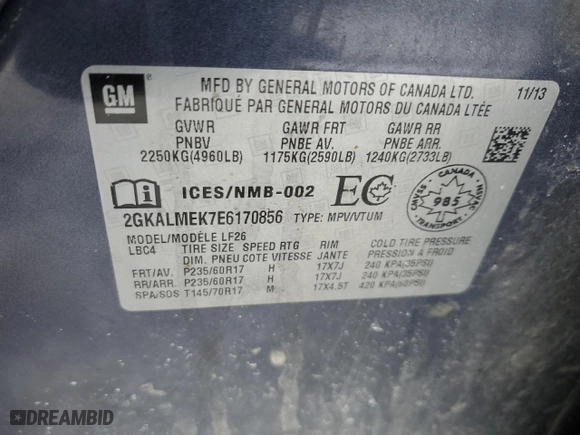 2014 GMC Terrain SLE with VIN 2GKALMEK7E6170856, listed as a Copart auction lot 45985775 with 129,613 mi miles and Clean Title. Bid and sale history available at carsss.com. Image 15.