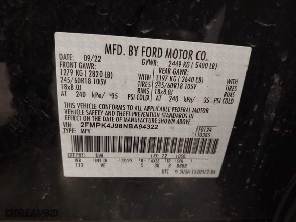 2022 Ford Edge SEL with VIN 2FMPK4J98NBA94322, listed as a IAAI auction lot 42084550 with 42,110 mi miles. Bid and sale history available at carsss.com. Image 9.