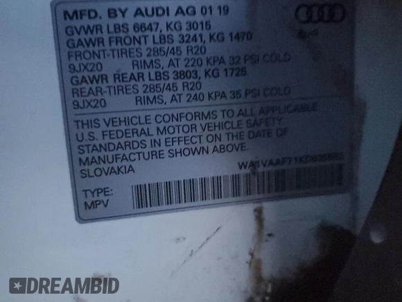 2019 Audi Q7 Prestige z VIN WA1VAAF71KD030692, wystawiony jako Copart lot #84958034 z przebiegiem 90 821 mil mil oraz Szkoda całkowita • Salvage title. Historia ofert i sprzedaży dostępna na DreamBid. Obrazek 15.