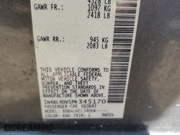 2023 Nissan Altima SV z VIN 1N4BL4DV5PN345170, wystawiony jako Copart lot #52753355 z przebiegiem 69 556 mil mil oraz Szkoda całkowita • Salvage title. Historia ofert i sprzedaży dostępna na DreamBid. Obrazek 13.