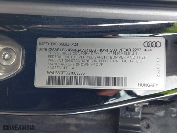 2016 Audi A3 2.0T Premium with VIN WAUB8GFF9G1009335, listed as a IAAI auction lot 41944319 with 132,946 mi miles. Bid and sale history available at carsss.com. Image 9.