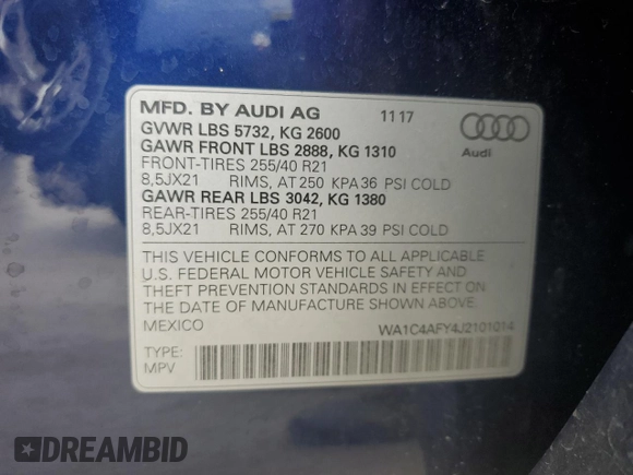 2018 Audi SQ5 Prestige with VIN WA1C4AFY4J2101014, listed as a Copart auction lot 65063764 with 60,064 mi miles and Salvage Title. Bid and sale history available at DreamBid. Image 14.