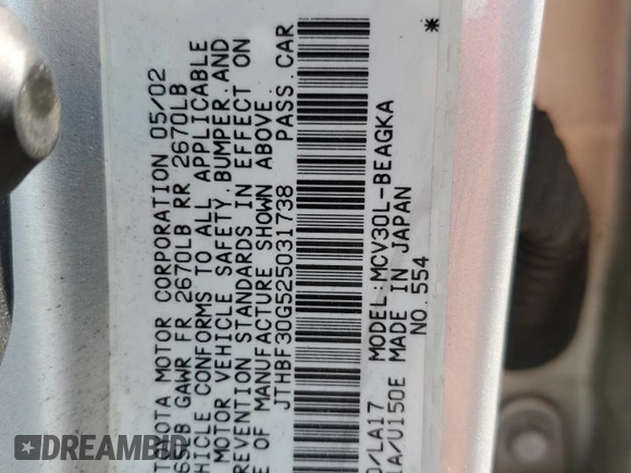 2002 Lexus ES 300 z VIN JTHBF30G525031738, wystawiony jako Copart lot #60660755 z przebiegiem 236 087 mil mil oraz Szkoda całkowita • Salvage title. Historia ofert i sprzedaży dostępna na DreamBid. Obrazek 12.