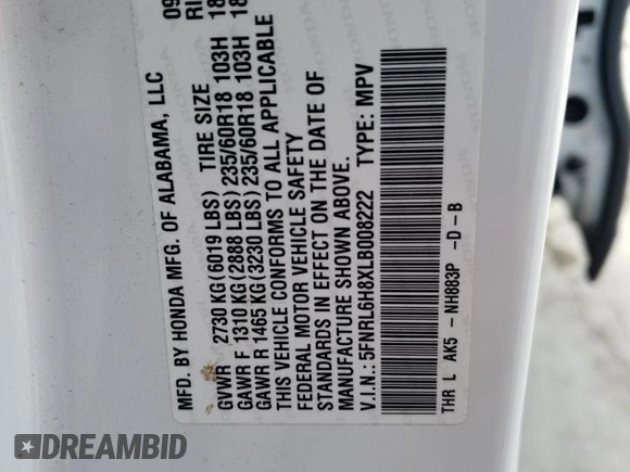 2020 Honda Odyssey Touring z VIN 5FNRL6H8XLB008222, wystawiony jako Copart lot #48782205 z przebiegiem 152 088 mil mil oraz Szkoda całkowita • Salvage title. Historia ofert i sprzedaży dostępna na DreamBid. Obrazek 14.