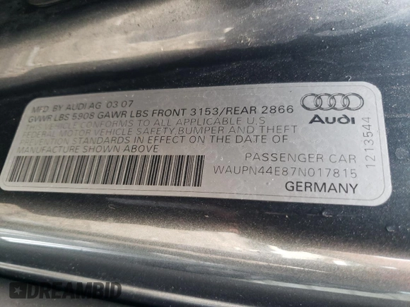 2007 Audi S8 z VIN WAUPN44E87N017815, wystawiony jako Copart lot #60161364 z przebiegiem Nie podano mil oraz Szkoda całkowita • Salvage title. Historia ofert i sprzedaży dostępna na DreamBid. Obrazek 13.