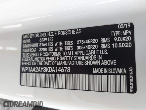 2019 Porsche Cayenne с VIN WP1AA2AY3KDA14678, выставлен на аукционе IAAI как лот 42289286 с пробегом 46 015 миль миль и . История ставок и продаж доступна на DreamBid. Изображение 9.