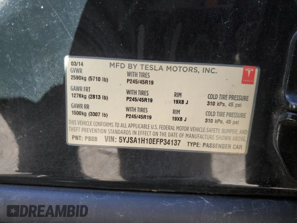 2014 Tesla Model S 60 with VIN 5YJSA1H10EFP34137, listed as a Copart auction lot 47645795 with Not provided miles and Salvage title. Bid and sale history available at DreamBid. Image 12.
