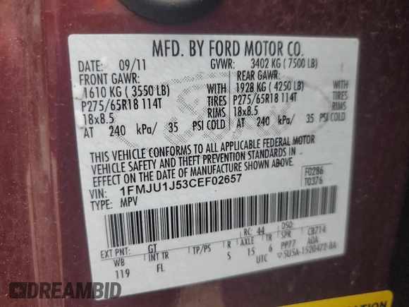 2012 Ford Expedition XLT with VIN 1FMJU1J53CEF02657, listed as a Copart auction lot 58215255 with 43,160 mi miles and Clean title. Bid and sale history available at DreamBid. Image 13.
