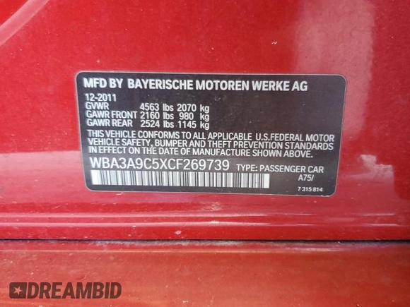 2012 BMW 3 Series 335i with VIN WBA3A9C5XCF269739, listed as a Copart auction lot 46341155 with Not provided miles and Non repairable. Bid and sale history available at DreamBid. Image 13.
