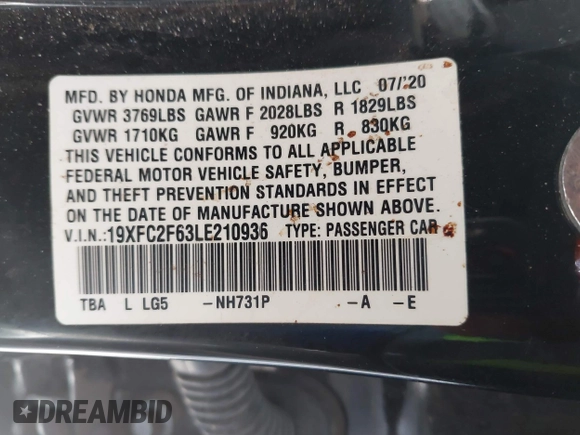 2020 Honda Civic LX с VIN 19XFC2F63LE210936, выставлен на аукционе IAAI как лот 42163809 с пробегом 89 955 миль миль и . История ставок и продаж доступна на DreamBid. Изображение 9.
