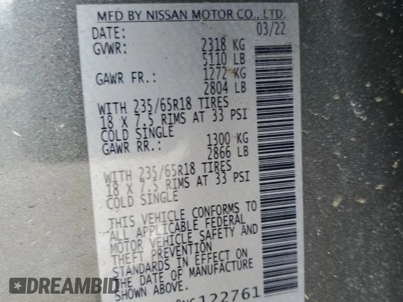 2022 Nissan Murano S with VIN 5N1AZ2AJ0NC122761, listed as a Copart auction lot 46305155 with 44,107 mi miles and Salvage Title. Bid and sale history available at DreamBid. Image 13.