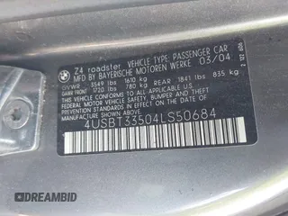 2004 BMW Z4 2.5i with VIN 4USBT33504LS50684, listed as a IAAI auction lot 42620116 with 119,707 mi miles and . Bid and sale history available at DreamBid. Image 9.