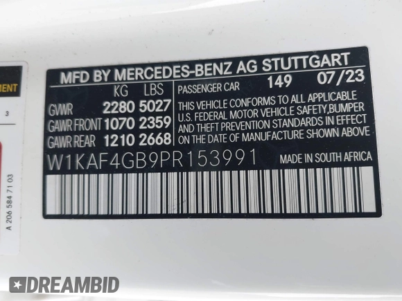 2023 Mercedes-Benz C 300 with VIN W1KAF4GB9PR153991, listed as a IAAI auction lot 42072572 with 21,560 mi miles and . Bid and sale history available at DreamBid. Image 9.