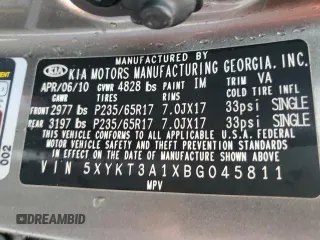 2011 Kia Sorento LX with VIN 5XYKT3A1XBG045811, listed as a Copart auction lot 44232825 with 0 mi miles and Non Repairable. Bid and sale history available at carsss.com. Image 12.