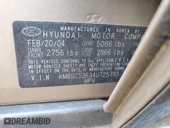2004 Hyundai Santa Fe GLS with VIN KM8SC13E34U725793, listed as a Copart auction lot 45959715 with 141,943 mi miles and Salvage Title. Bid and sale history available at carsss.com. Image 13.
