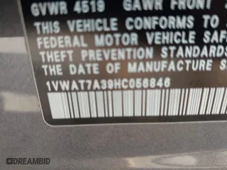 2017 Volkswagen Passat 1.8T S with VIN 1VWAT7A39HC056846, listed as a IAAI auction lot 41969070 with 97,448 mi miles. Bid and sale history available at carsss.com. Image 9.