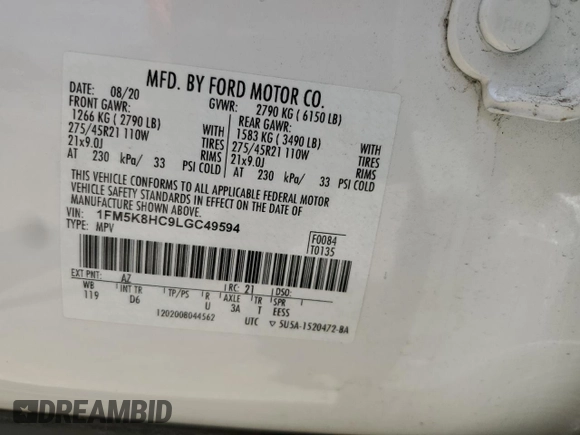 2020 Ford Explorer Platinum z VIN 1FM5K8HC9LGC49594, wystawiony jako Copart lot #52087375 z przebiegiem 38 273 mil mil oraz Szkoda całkowita • Salvage title. Historia ofert i sprzedaży dostępna na DreamBid. Obrazek 13.