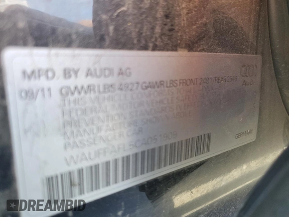 2012 Audi A4 2.0T Premium Plus with VIN WAUFFAFL5CA051909, listed as a Copart auction lot 54230175 with 133,535 mi miles and Salvage Title. Bid and sale history available at carsss.com. Image 12.