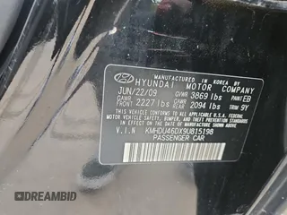 2009 Hyundai Elantra SE with VIN KMHDU46DX9U815198, listed as a Copart auction lot 61820665 with 92,543 mi miles and Clean title. Bid and sale history available at DreamBid. Image 10.