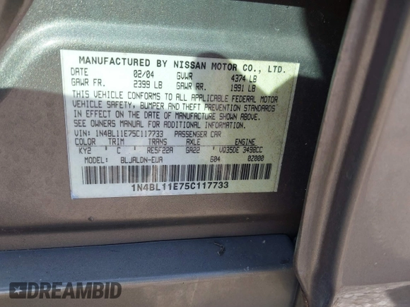 2005 Nissan Altima SE with VIN 1N4BL11E75C117733, listed as a IAAI auction lot 41516717 with 167,370 mi miles. Bid and sale history available at carsss.com. Image 9.