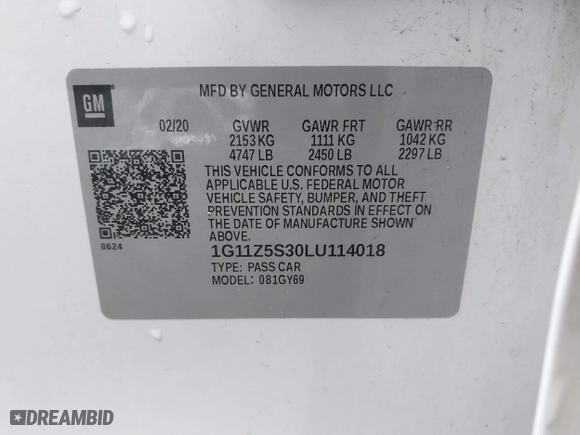 2020 Chevrolet Impala LT with VIN 1G11Z5S30LU114018, listed as a IAAI auction lot 41822105 with 95,723 mi miles. Bid and sale history available at carsss.com. Image 9.