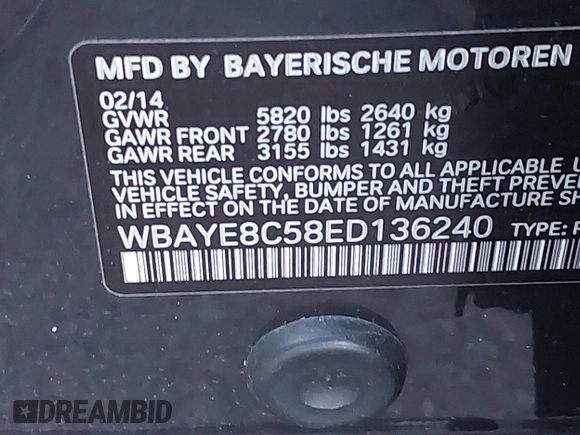 2014 BMW 7 Series ALPINA B7 with VIN WBAYE8C58ED136240, listed as a IAAI auction lot 40701912 with 116,246 mi miles. Bid and sale history available at carsss.com. Image 9.
