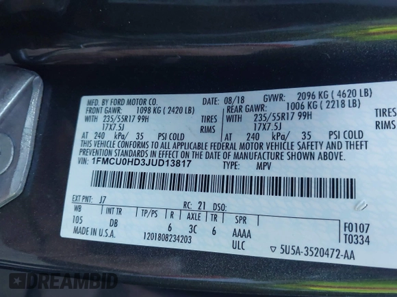 2018 Ford Escape SEL with VIN 1FMCU0HD3JUD13817, listed as a IAAI auction lot 41666460 with 78,754 mi miles and . Bid and sale history available at carsss.com. Image 9.