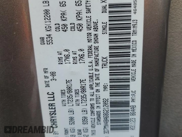 2008 Dodge Ram 3500 SLT with VIN 3D7MX48A68G212092, listed as a Copart auction lot 68532744 with 0 mi miles and Salvage Title. Bid and sale history available at carsss.com. Image 14.