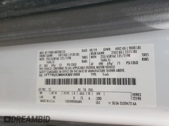 2019 Ford Transit with VIN 1FTYR2CM8KKB81889, listed as a Copart auction lot 51747125 with 110,488 mi miles and Salvage title. Bid and sale history available at DreamBid. Image 13.