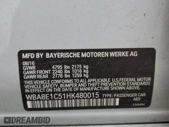 2017 BMW 3 Series 330e iPerformance with VIN WBA8E1C51HK480015, listed as a Copart auction lot 53811974 with 59,262 mi miles and Salvage Title. Bid and sale history available at carsss.com. Image 13.