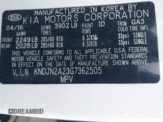 2016 Kia Soul z VIN KNDJN2A23G7362505, wystawiony jako IAAI lot #42280947 z przebiegiem 126 029 mil mil oraz . Historia ofert i sprzedaży dostępna na DreamBid. Obrazek 9.
