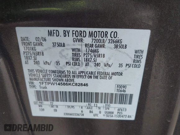 2006 Ford F-150 XLT with VIN 1FTPW14586KC82846, listed as a IAAI auction lot 42122120 with 247,622 mi miles and . Bid and sale history available at carsss.com. Image 9.