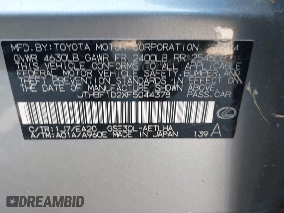 2015 Lexus IS 250 with VIN JTHBF1D2XF5044378, listed as a IAAI auction lot 42125467 with 190,189 mi miles and . Bid and sale history available at DreamBid. Image 9.