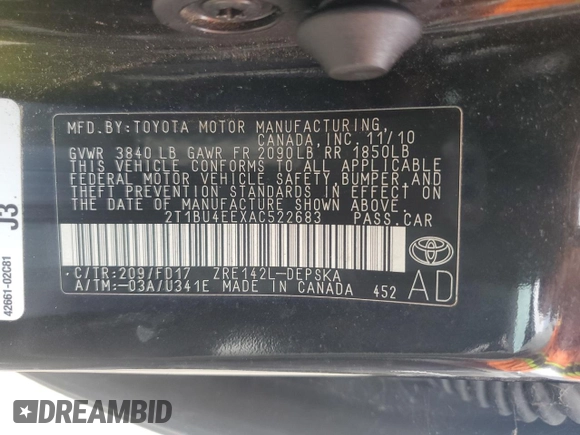 2010 Toyota Corolla with VIN 2T1BU4EEXAC522683, listed as a Copart auction lot 55642335 with 116,126 mi miles and Clean Title. Bid and sale history available at DreamBid. Image 13.