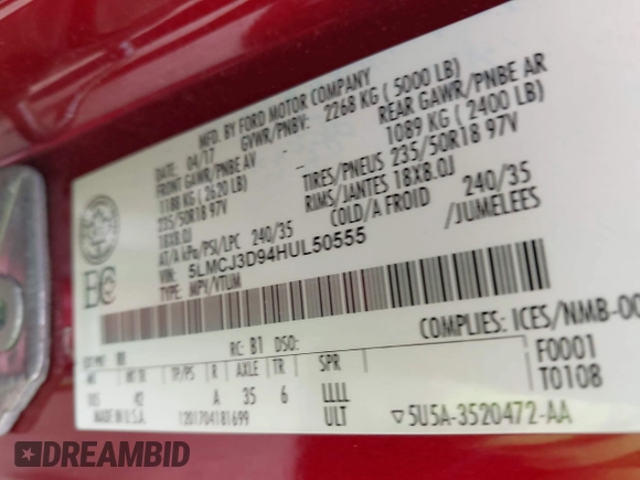 2017 Lincoln MKC Reserve with VIN 5LMCJ3D94HUL50555, listed as a IAAI auction lot 42296803 with 127,009 mi miles and . Bid and sale history available at DreamBid. Image 9.