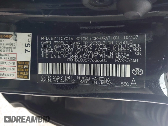 2007 Toyota Prius with VIN JTDKB20U877626205, listed as a IAAI auction lot 42128258 with 170,163 mi miles. Bid and sale history available at carsss.com. Image 9.