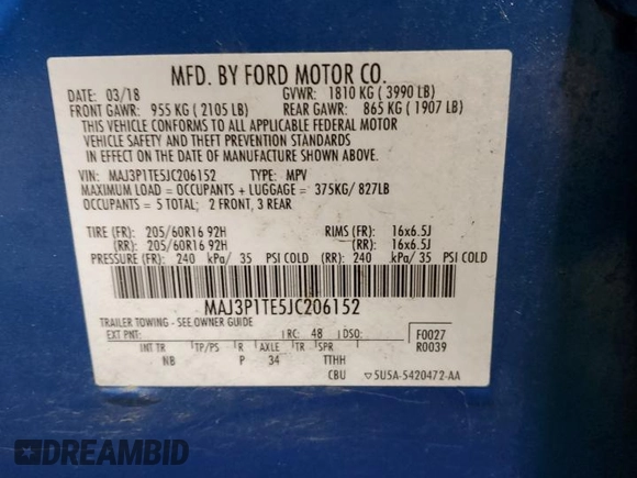 2018 Ford EcoSport SE z VIN MAJ3P1TE5JC206152, wystawiony jako Copart lot #84509564 z przebiegiem 16 825 mil mil oraz Szkoda całkowita • Salvage title. Historia ofert i sprzedaży dostępna na DreamBid. Obrazek 15.