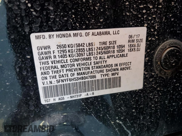 2017 Honda Pilot EX-L with VIN 5FNYF6H53HB047086, listed as a Copart auction lot 46615165 with 114,663 mi miles and Salvage Title. Bid and sale history available at DreamBid. Image 15.