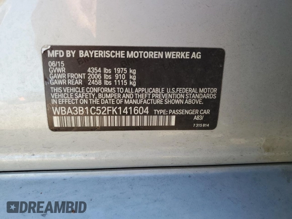 2015 BMW 3 Series 320i z VIN WBA3B1C52FK141604, wystawiony jako Copart lot #58096835 z przebiegiem 150 773 mil mil oraz Szkoda całkowita • Salvage title. Historia ofert i sprzedaży dostępna na DreamBid. Obrazek 12.