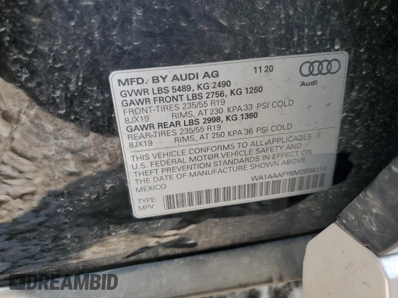 2021 Audi Q5 Premium with VIN WA1AAAFY6M2034114, listed as a Copart auction lot 59096955 with 45,267 mi miles and Clean title. Bid and sale history available at DreamBid. Image 14.