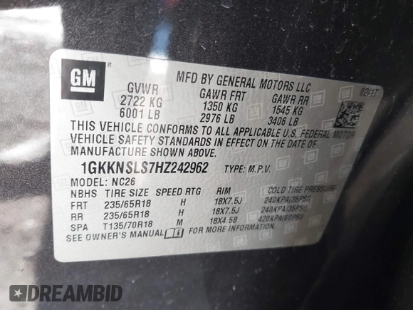 2017 GMC Acadia SLE with VIN 1GKKNSLS7HZ242962, listed as a IAAI auction lot 41628899 with 55,012 mi miles. Bid and sale history available at carsss.com. Image 9.