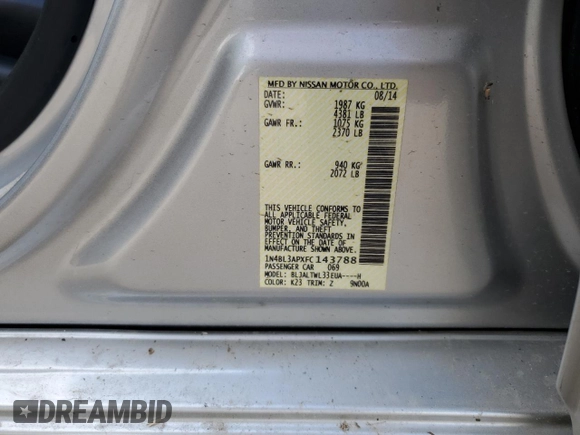 2015 Nissan Altima SL z VIN 1N4BL3APXFC143788, wystawiony jako Copart lot #55944555 z przebiegiem 220 351 mil mil oraz Szkoda całkowita • Salvage title. Historia ofert i sprzedaży dostępna na DreamBid. Obrazek 12.