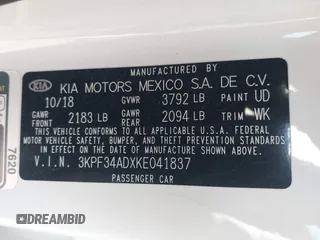 2019 Kia Forte S with VIN 3KPF34ADXKE041837, listed as a IAAI auction lot 41634799 with 106,361 mi miles. Bid and sale history available at carsss.com. Image 9.