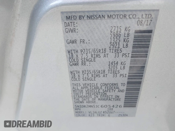 2018 Nissan Pathfinder S with VIN 5N1DR2MN5JC605426, listed as a IAAI auction lot 41142276 with 138,100 mi miles and . Bid and sale history available at DreamBid. Image 9.