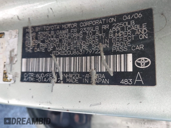 2006 Toyota Prius z VIN JTDKB20U863179722, wystawiony jako IAAI lot #42055785 z przebiegiem Nie podano mil oraz . Historia ofert i sprzedaży dostępna na DreamBid. Obrazek 9.