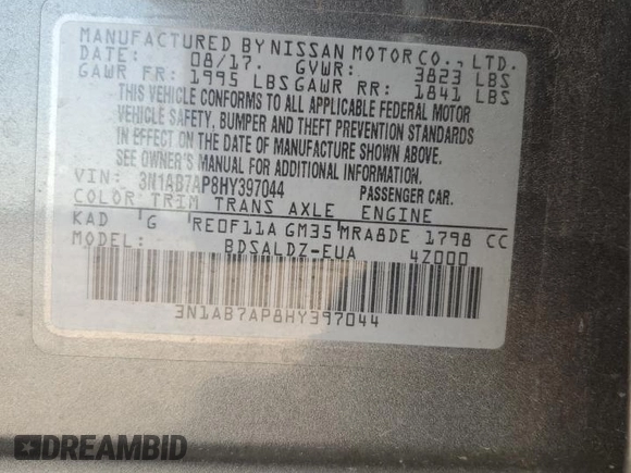 2017 Nissan Sentra SR z VIN 3N1AB7AP8HY397044, wystawiony jako Copart lot #50028575 z przebiegiem 77 312 mil mil oraz Czysty tytuł • Clean title. Historia ofert i sprzedaży dostępna na DreamBid. Obrazek 12.