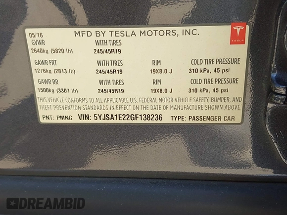 2016 Tesla Model S 90D with VIN 5YJSA1E22GF138236, listed as a IAAI auction lot 42532245 with 72,839 mi miles and . Bid and sale history available at DreamBid. Image 9.