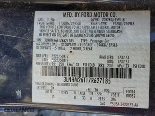 2007 Lincoln MKZ with VIN 3LNHM26T17R627185, listed as a Copart auction lot 49986005 with 102,061 mi miles and Salvage Title. Bid and sale history available at carsss.com. Image 12.